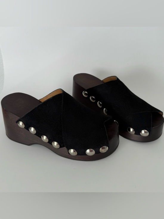 Ganni Shoes - GANNI Retro Studded Wood Black Suede Clogs Open Toe Wedge